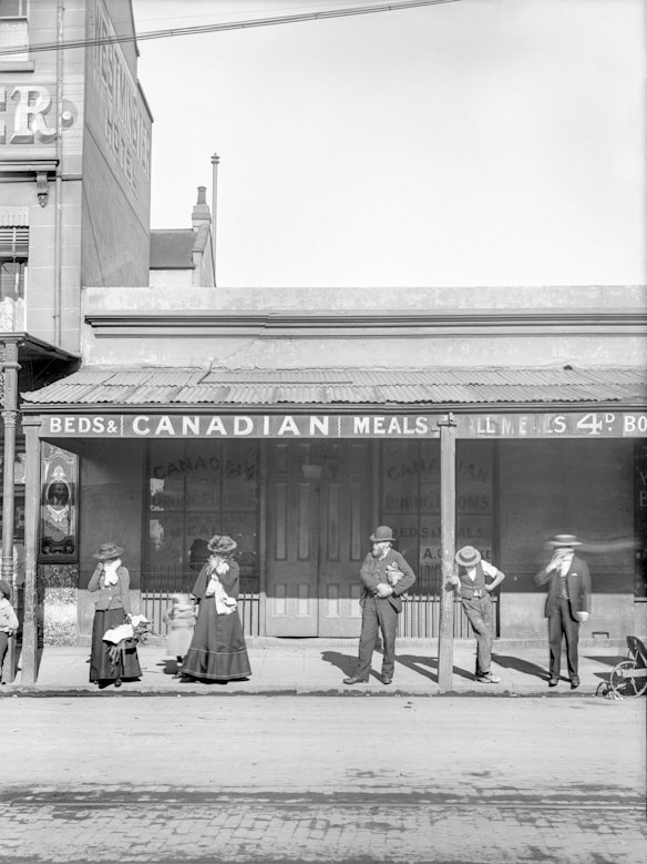 4 George Street West, c1901. The Canadian Dining Rooms offered a bed for the night, and meals for 4d. The single-storey building near the corner of Regent Street had 18 rooms. The restaurant and boarding house was run by Austin Clarke in 1901, but women ran it previously: Isabella Hawke in the 1890s and Mary Mondrion in 1900. The building was demolished in 1902.