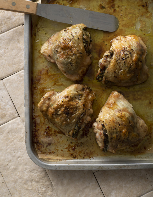 Salsa verde butter roasted chicken thighs.