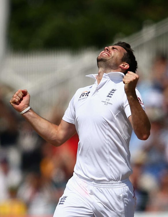 James Anderson of England celebrates after taking the wicket of Mitchell Starc of Australia during day two of the 1st Investec Ashes Test match between England and Australia at Trent Bridge Cricket Ground.