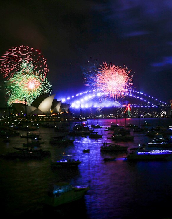 The 9pm New Year's Eve fireworks over Sydney Harbour, viewed from Mrs Macquaries Point.
