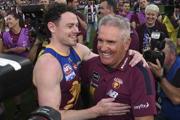 Waiting game: Lions coach Chris Fagan and co-captain Lachie Neale will have to wait to unfurl their premiership flag.