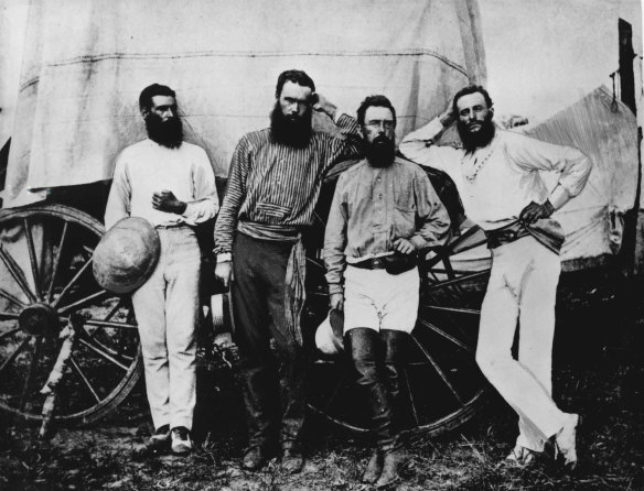 At the Roper River camp early in 1872: J.A.G. Little (Darwin postmaster), Robert Patterson (leader of northern construction party), Charles Todd (postmaster-general and chief organiser of the project), A. J. Mitchell (surveyor). 