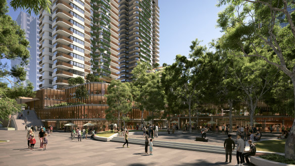 An artist’s impression of the proposed redevelopment of the Hornsby Town Centre, which includes building towers up to 36 storeys high.