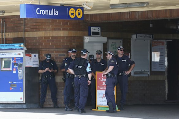 Police patrolling at Cronulla train station.