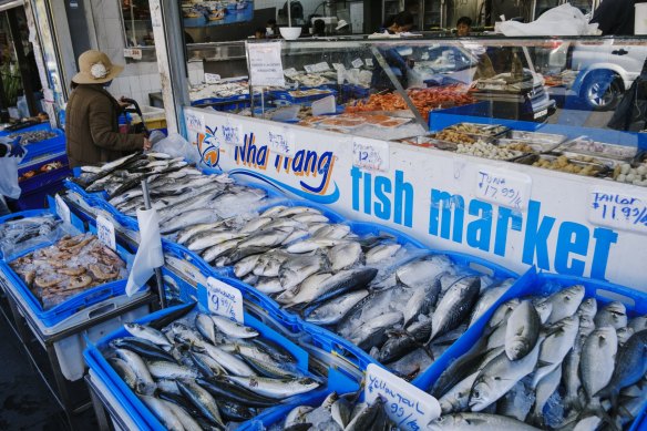 Bountiful seafood options at the local fish market in Bankstown.