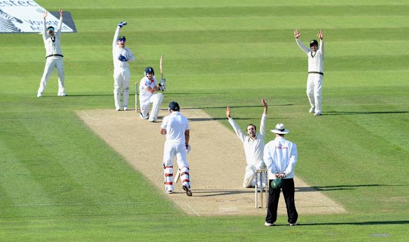 Nathan Lyon of Australia successfully appeals for the wicket of Jonathan Bairstow of England.