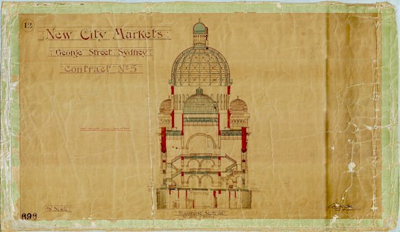 Queen Victoria Building Plans Print. New City Markets George St, Sydney Contract No. 5.
1/8in scale. Transverse section through centre of building. Signed George McRae City Architect
01 Jan 1892 ~ 31 Dec 1892