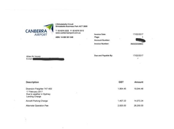 A redacted invoice appearing to show a $67,000 bill following an unexpected landing at Canberra Airport. 