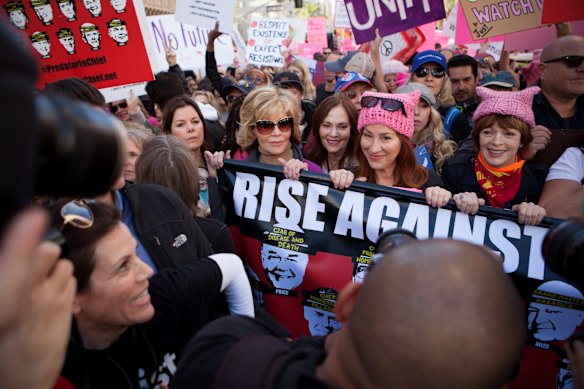 Actress Jane Fonda, center left, takes part in the Women's March of Los Angeles in Los Angeles, California, U.S.