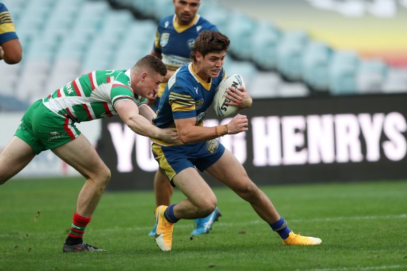 Local junior Sean Russell, in action against South Sydney in NSW Cup, will make his first-grade debut for Parramatta.
