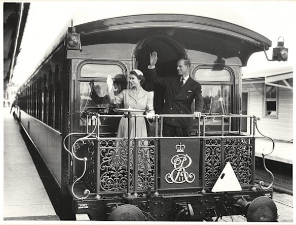 The Queen and Prince Philip on the royal train at Central Station in 1954.