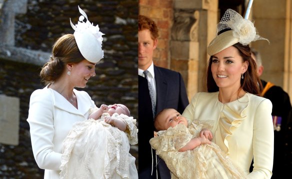 The Duchess of Cambridge at Princess Charlotte's christening in 2015, left, and Prince George's christening in 2013.