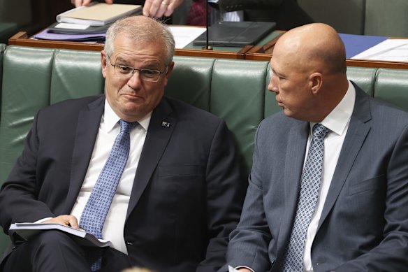 Prime Minister Scott Morrison and Defence Minister Peter Dutton during a division in the House of Representatives on Tuesday 25 May.