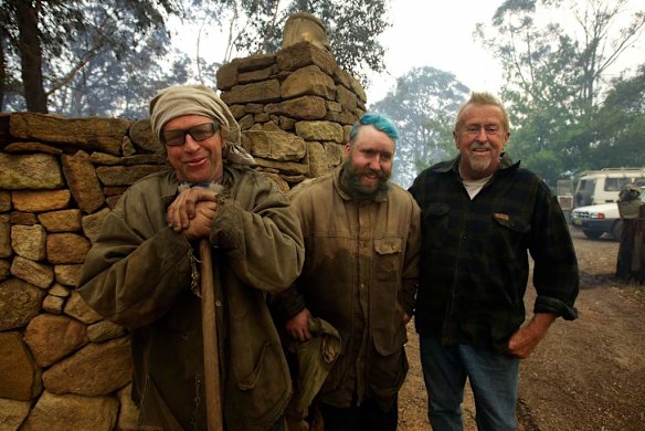 An out of control bushfire burnt cars and two homes near Newnes Junction on the Bells Line of Road. These three locals, (l-r) Sean Butler, Jade butler and Andy Wilson stayed to save their homes successfully.