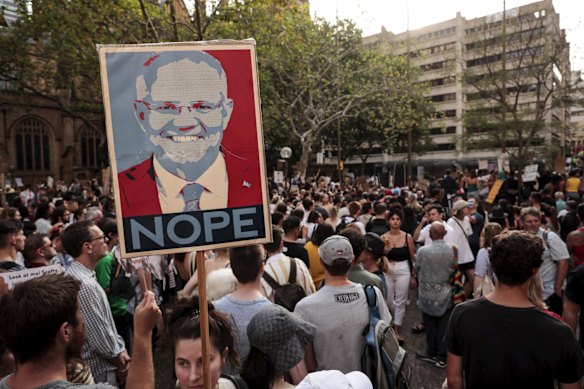 More than 20,000 protesters brushed off hot and humid conditions to voice their displeasure at the federal government's handling of the bushfire crisis and its attitude towards climate change.
