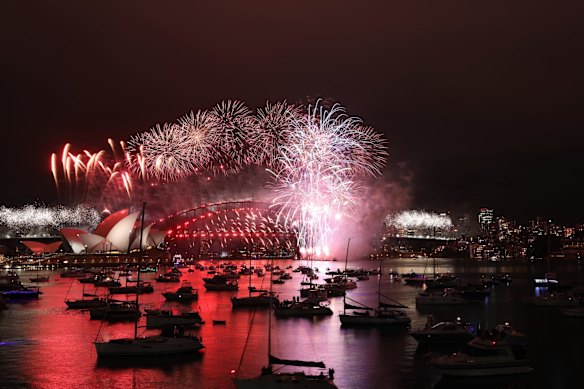 The New Years Eve Fireworks in Sydney Harbour as seen from Mrs Macquaries Point in Sydney at midnight, Jan 1, 2021. Bring on the New Year!