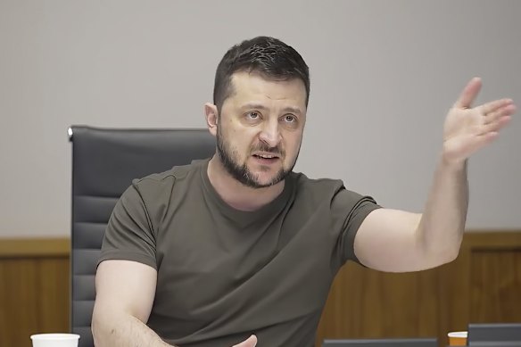 In this image from video provided by the Ukrainian Presidential Press Office, Ukrainian President Volodymyr Zelenskyy speaks during an interview with independent Russian news media from Kyiv, Ukraine.