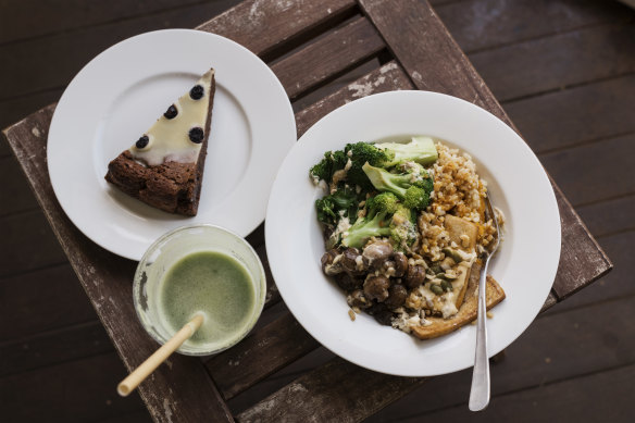 A Yogi Bowl with tofu, Invigorator Juice and Love Cake from Pure Wholefoods, Manly. 