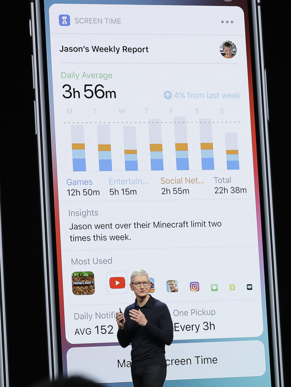 At Apple's developer conference, CEO Tim Cook explains the new Screen Time feature., which helps iPhone users manage the time they spend on their devices.