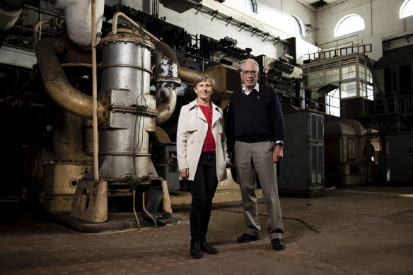John Jeremy, who was the last CEO of Cockatoo Island, and Mary Darwell, CEO of the Harbour Trust, in the old powerhouse on the island in Sydney Harbour.