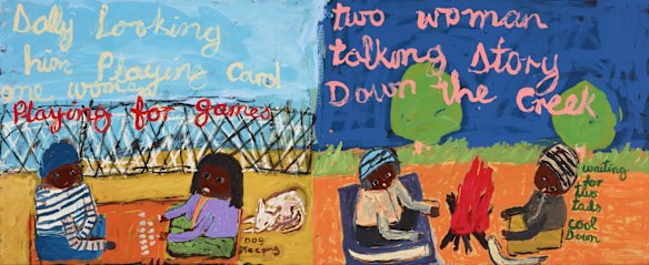 Sally M Nangala Mulda, 'Two town camp stories'. Acrylic on linen, 50.1 x 120.2 cm. © the artist. Sitter: Sally M Nangala Mulda.