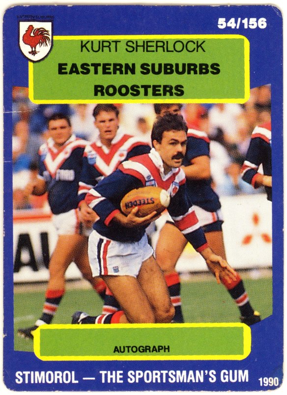 Eastern Suburbs Roosters five-eighth Kurt Sherlock's football card from 1990.