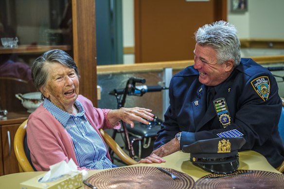 Uniting Care Mirinjani retirement village has granted a lifelong wish for resident Berenice Benson to meet a real New York city cop (something she mentions every tine she gets into the facility lift featuring a poster of the New York skyline). NYPD Detective Howard Shank was glad to accommodate. 