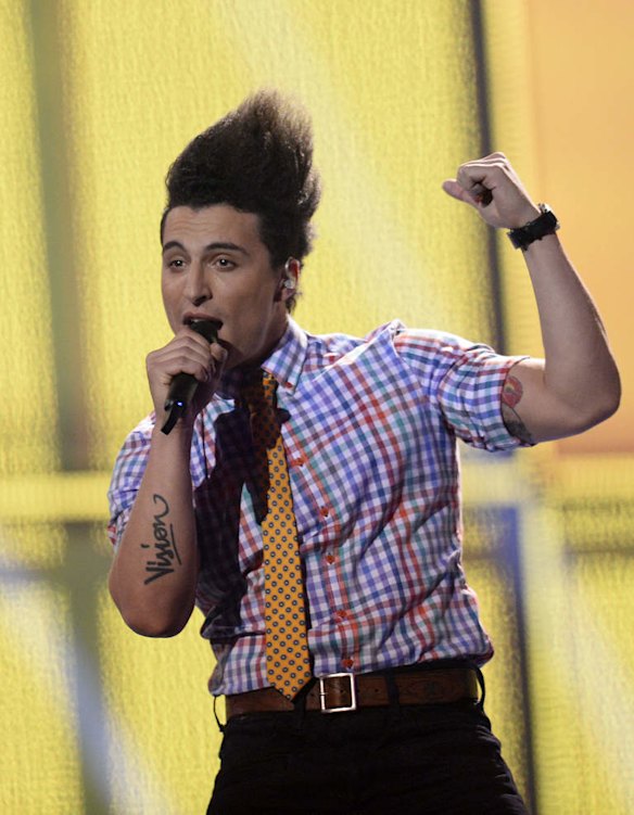 Lorent Idir of Twin Twin representing France performs during the Eurovision Song Contest 2014 Grand Final.