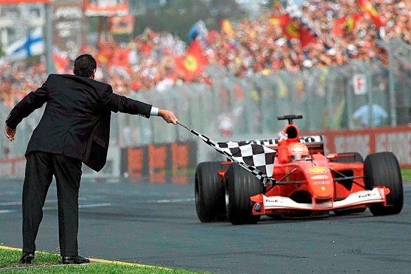 A familiar sight: Schumacher in a Ferrari wins another Grand Prix. This one was the 2001  Australian Formula One Grand Prix in Melbourne.