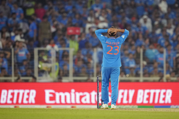 Beaten man: Indian spinner Kuldeep Yadav reinforced the frustration he, his team and country felt.