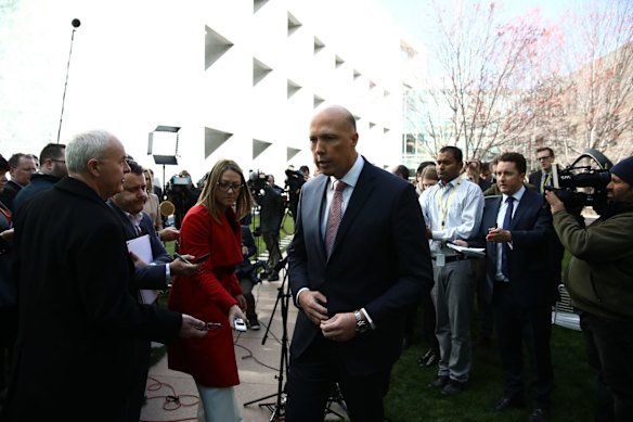Former Minister for Home Affairs Peter Dutton speaks to the media after challenging Prime Minister Malcolm Turnbull for the leadership at Parliament House in Canberra.