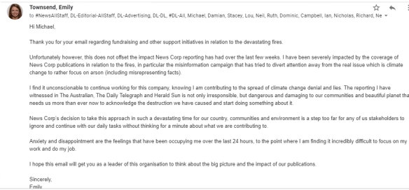 Email from News Corp staff member Emily Townsend regarding climate change.