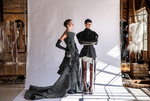 Stella Hinton and Hannah Elyse preparing for Maticevski’s runway return.