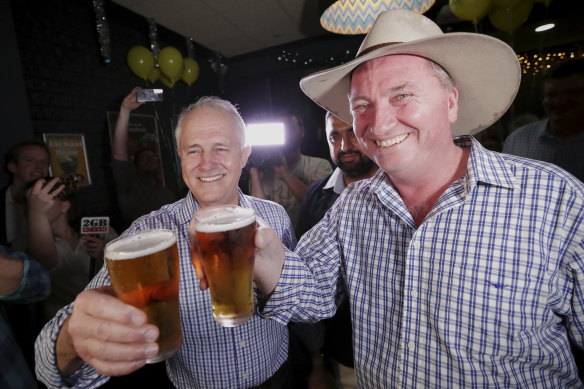 December 2, 2017: Malcolm Turnbull and Barnaby Joyce celebrate the huge swing during the New England byelection.