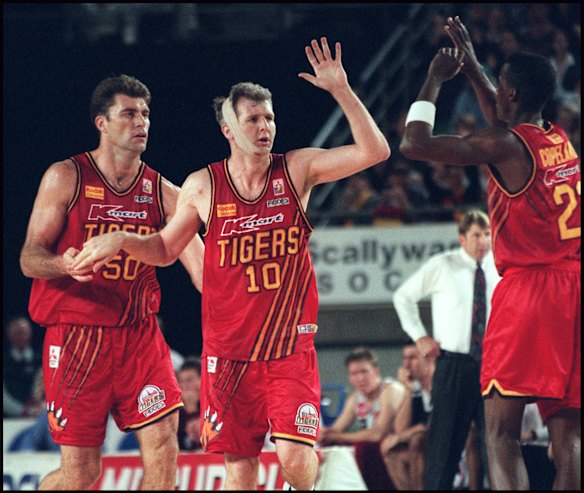 Those were the days: Melbourne Tigers’ greats Mark Bradtke, Andrew Gaze and Lanard Copeland.