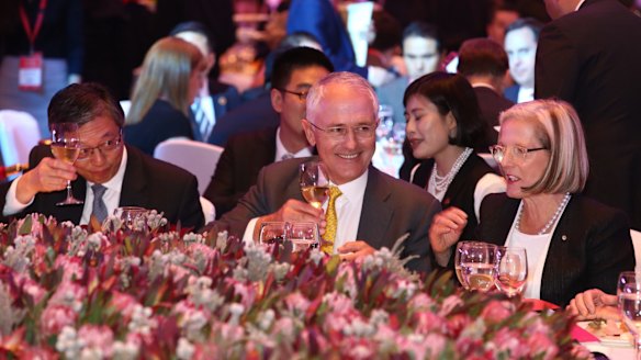 Prime Minister Malcolm Turnbull and Lucy Turnbull at the Australia week in China gala lunch in Shanghai China on Thursday 14 April 2016.