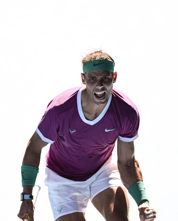 Rafael Nadal celebrates after defeating Yannick Hanfmann at the Australian Open.