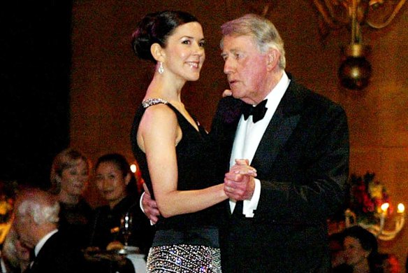 Princess Mary of Denmark dances with Neville Wran in 2005.