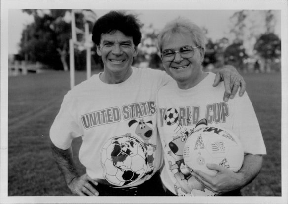 Former Socceroo Captain Johnny Warren, left, and SBS presenter Les Murray before the 1994 World Cup in the US.