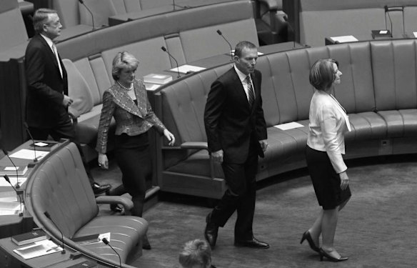 Deputy Prime Minister Wayne Swan, Deputy Opposition Leader Julie Bishop, Opposition Leader Tony Abbott and Prime Minister Julia Gillard arrive at the opening of the 43rd Australian Federal Parliament House of Representatives at Parliament House in Canberra today Tuesday 28th of September 2010.