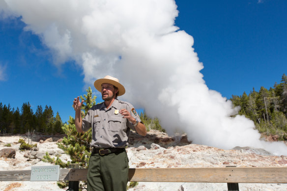The steam phase of Steamboat Geyser in 2014.