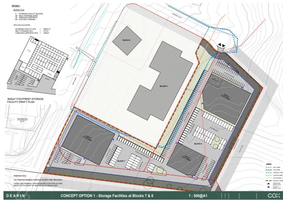 An architect's concept for a self-storage facility on the Red Hill site.