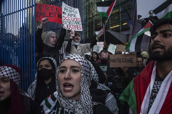 Palestinian supporters marched in protest of the Israel-Hamas war in New York on October 13.
