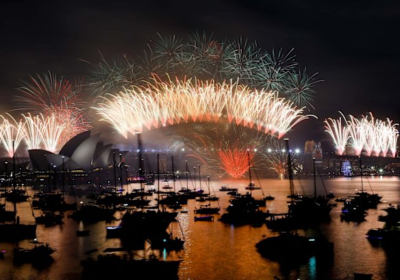 The midnight New Year's Eve fireworks on Sydney Harbour, viewed from Mrs Macquarie's Chair.