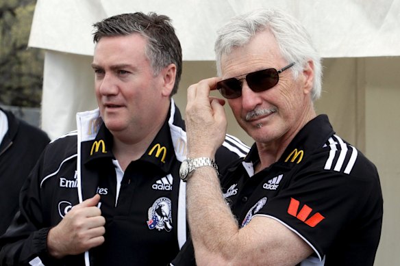 Collingwood President Eddie McGuire and coach Mick Malthouse wait to be presented to the Magpies supporters who turned out in large numbers at Gosch's Paddock for the Collingwood Family Day. Thousands of fans cheered the players on stage and farewelled coach Mick Malthouse after Collingwood were defeated by Geelong in the 2011 AFL Grand Final.
