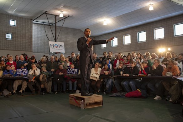 Obama fronts a town hall meeting in a gym in Davenport, eastern Iowa, on January 1, 2008. “No one could see him, so his staff found a wooden crate and made it into a stage,” says Shell. 