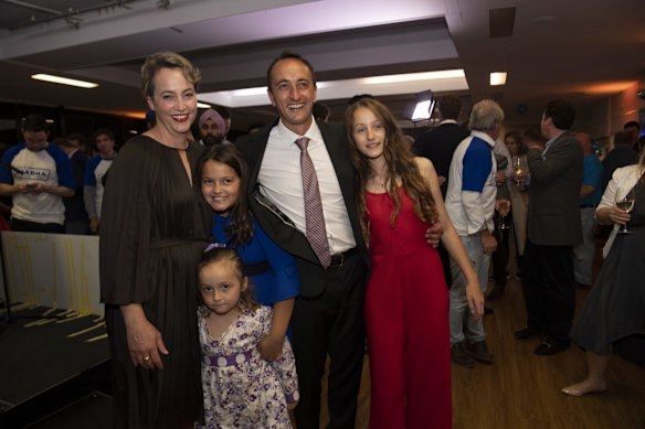 Dave Sharma, with his family, Liberal candidate for the seat of Wentworth, with Gabrielle Upton, Eastern Suburb rugby Club, Rose Bay.