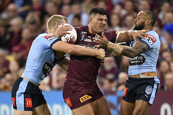 David Fifita of the Maroons is tackled during game one of the 2021 State of Origin series.