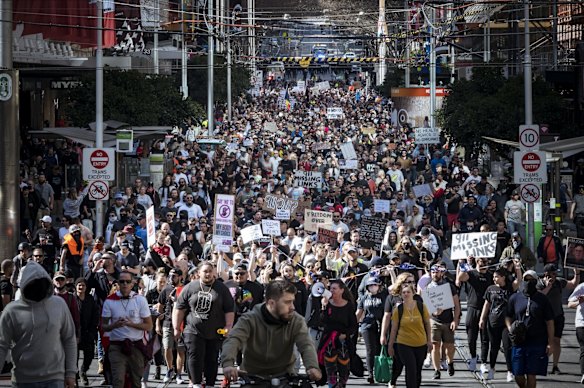 Victoria Police say more than 4000 anti-lockdown protesters converged on the streets of Melbourne’s CBD on Saturday in contravention of the Chief Health Officer’s directions.