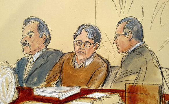 Defendant Keith Raniere, centre, leader of the secretive group NXIVM, in court.